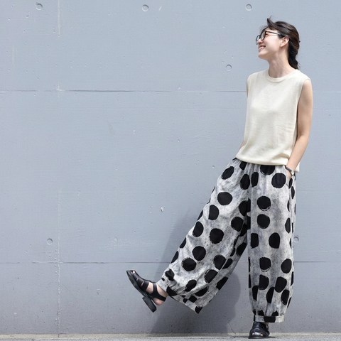 S-XL ドット柄 ハイウエスト ビックシルエット ポケット付き アンクル丈（9分丈） カジュアルパンツ S グレー