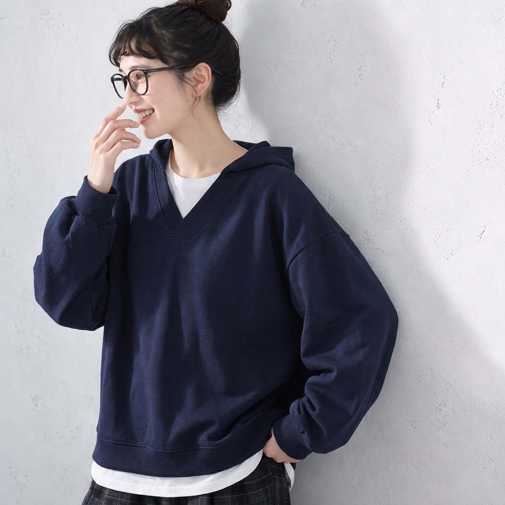 M-3XL 配色 長袖 重ね着風 シンプル パーカー/ジャージ 3XL ネイビー
