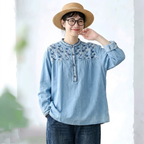 M-2XL コットン 花模様 ラウンドネック 刺繍 ノーマルスリーブ 長袖 シャツ M ライトブルー