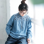 M-2XL コットン 花模様 ラウンドネック 刺繍 ノーマルスリーブ 長袖 シャツ 2XL ライトブルー