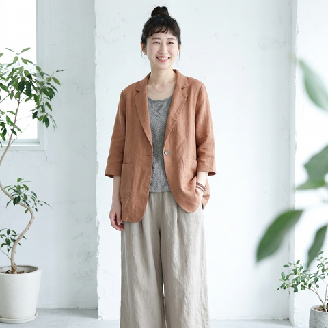 L-XL 七分袖 無地 ボタン ノーマルスリーブ ポケット付き レトロ スーツカーディガン L オレンジ