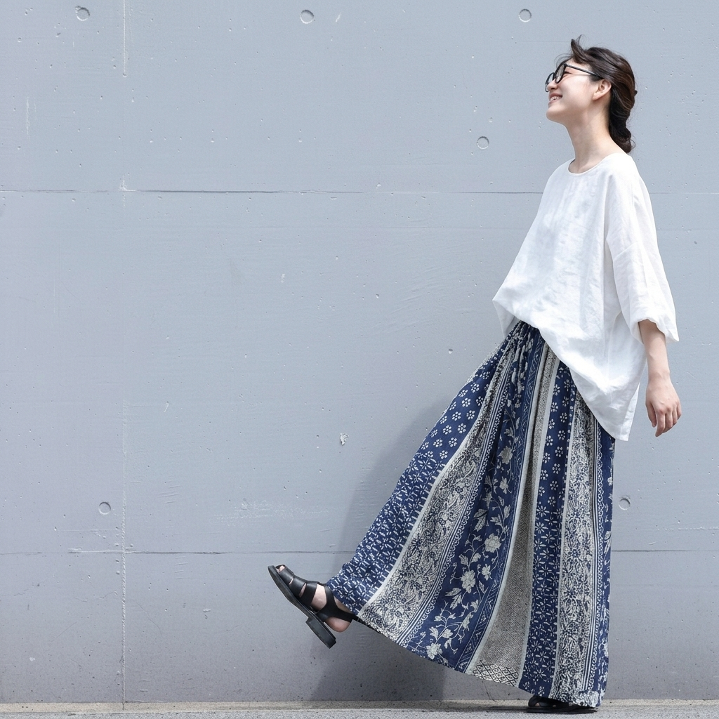 M-2XL 綿麻 通気性良い ポケット付き 植物プリント ロング Aライン スカート M 写真通り
