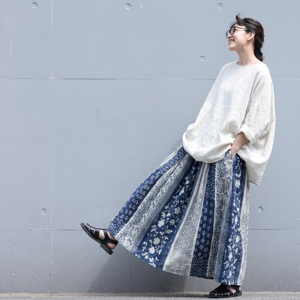 M-2XL 綿麻 通気性良い ポケット付き 植物プリント ロング Aライン スカート M 写真通り