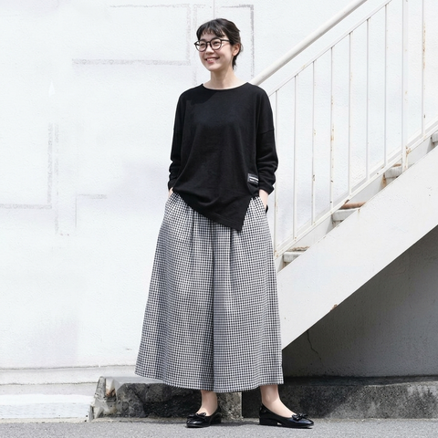 M-2XL 綿麻 ハイウエスト ロング丈 チェック柄 カジュアル ガウチョパンツ M ブラックチェック