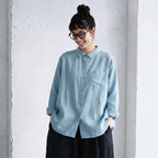 M-2XL 綿麻混 折り襟 無地 森ガール シャツ M ホワイト