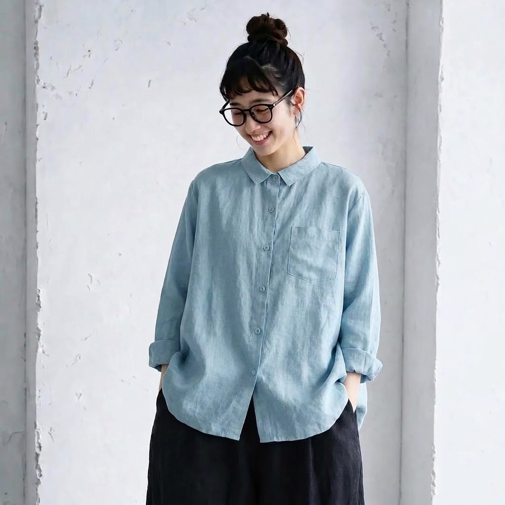 M-2XL 綿麻混 折り襟 無地 森ガール シャツ M ホワイト
