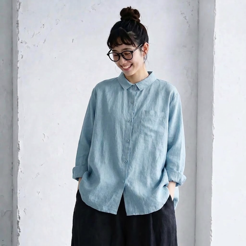 M-2XL 綿麻混 折り襟 無地 森ガール シャツ M ホワイト
