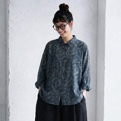 S-3XL 花柄 ノーマルスリーブ ボタン 森ガール シャツ S 写真通り
