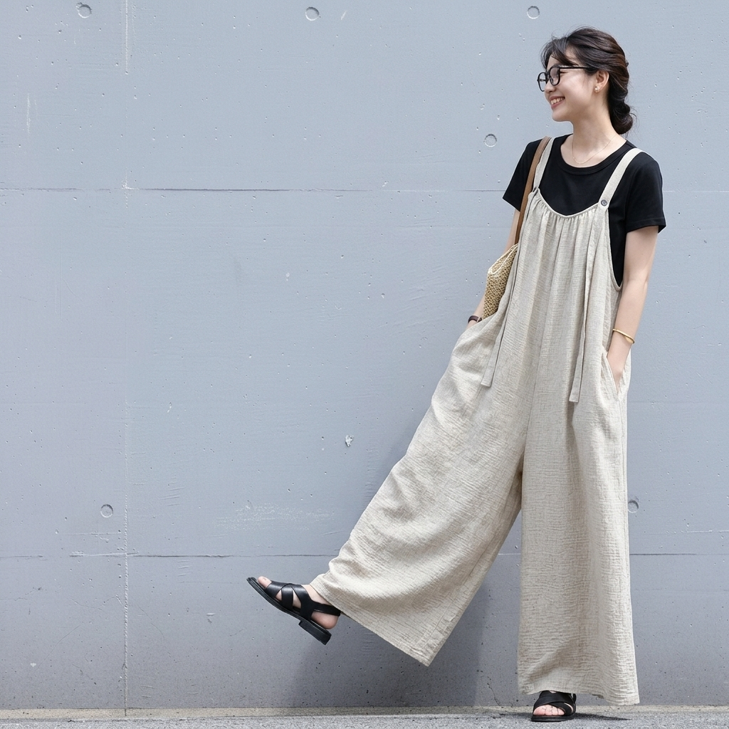 「自然体で、美しく。」綿麻 ワイドシルエット サロペット【M-4XL】お散歩  ゆるカジ 落ち感 M ベージュ (サロペット)