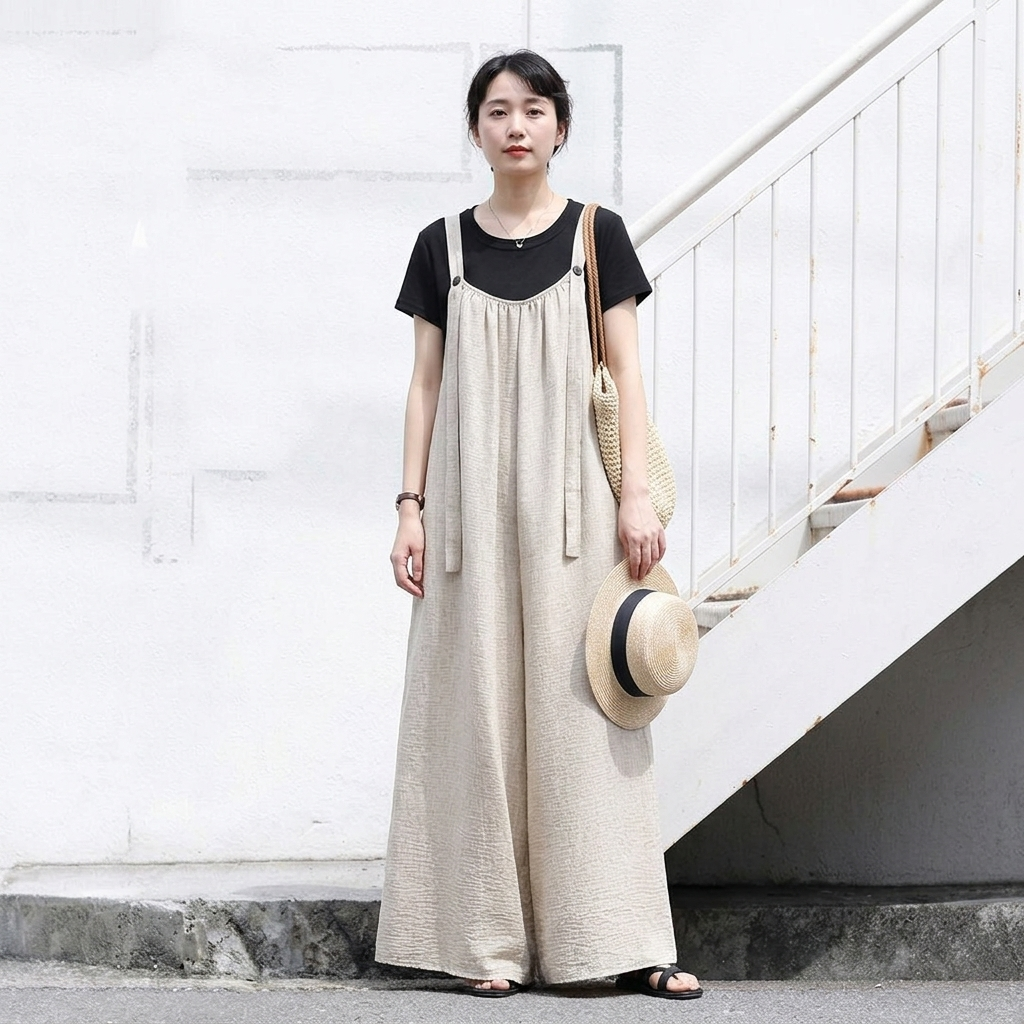 「自然体で、美しく。」綿麻 ワイドシルエット サロペット【M-4XL】お散歩  ゆるカジ 落ち感 M ベージュ (サロペット)