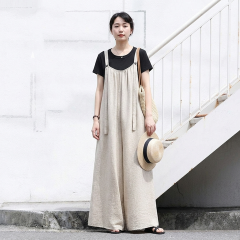 「自然体で、美しく。」綿麻 ワイドシルエット サロペット【M-4XL】お散歩  ゆるカジ 落ち感 M ベージュ (サロペット)