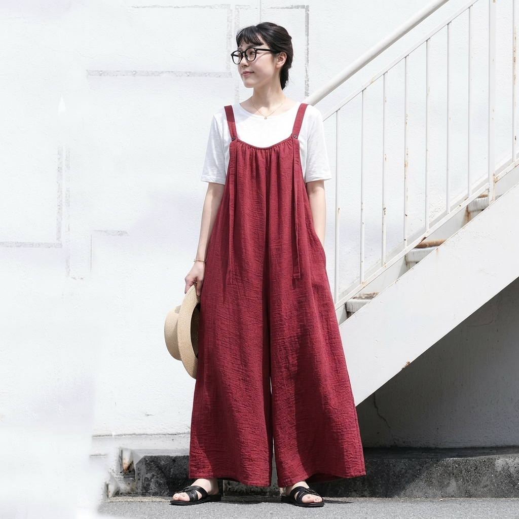 「自然体で、美しく。」綿麻 ワイドシルエット サロペット【M-4XL】お散歩  ゆるカジ 落ち感 4XL ワインレッド (サロペット)