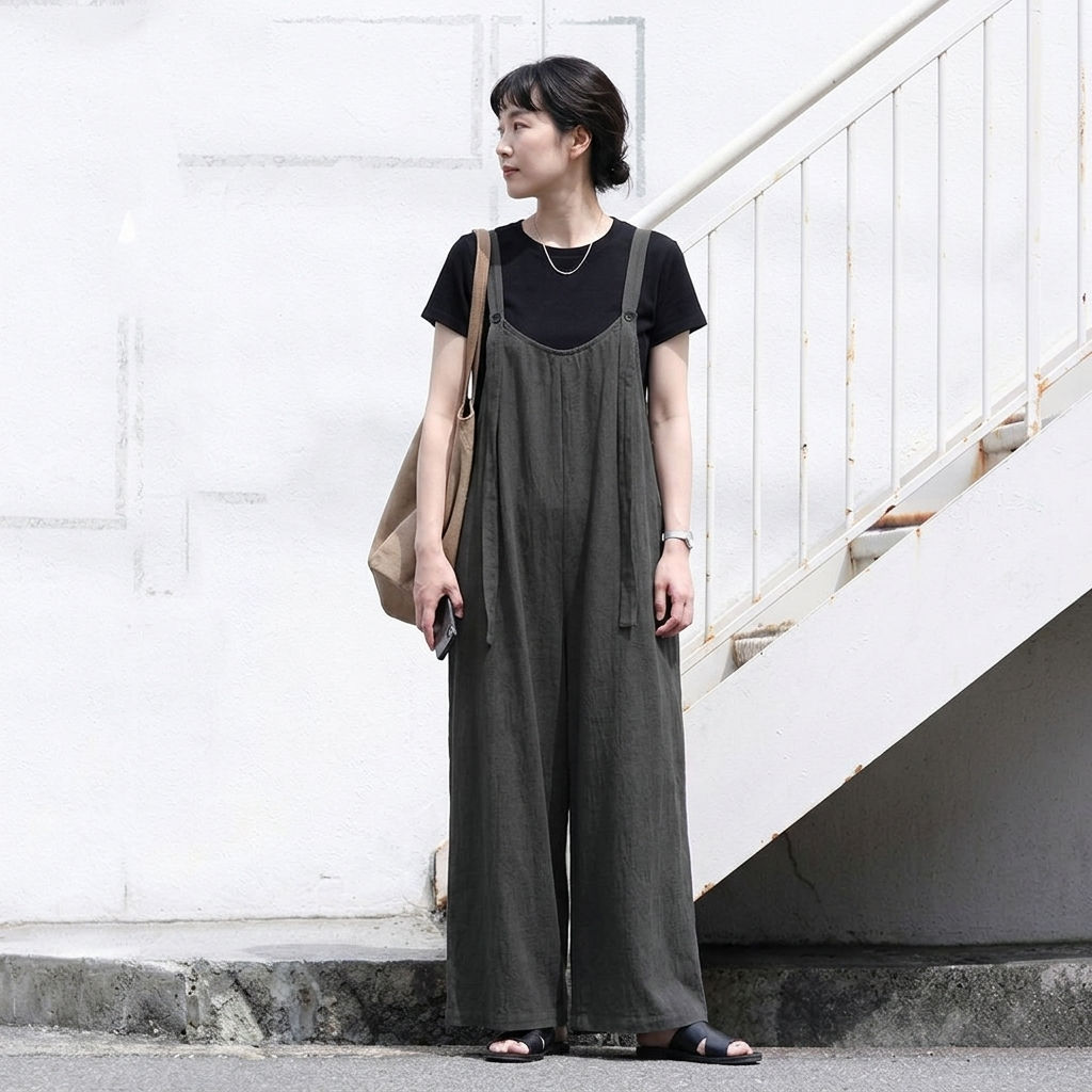 「自然体で、美しく。」綿麻 ワイドシルエット サロペット【M-4XL】お散歩  ゆるカジ 落ち感 M ベージュ (サロペット)