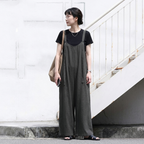 「自然体で、美しく。」綿麻 ワイドシルエット サロペット【M-4XL】お散歩  ゆるカジ 落ち感 M ベージュ (サロペット)