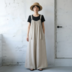 「自然体で、美しく。」綿麻 ワイドシルエット サロペット【M-4XL】お散歩  ゆるカジ 落ち感 M ベージュ (サロペット)