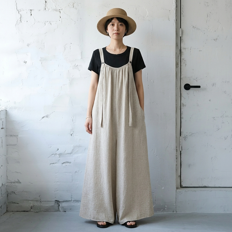 「自然体で、美しく。」綿麻 ワイドシルエット サロペット【M-4XL】お散歩  ゆるカジ 落ち感 M ベージュ (サロペット)