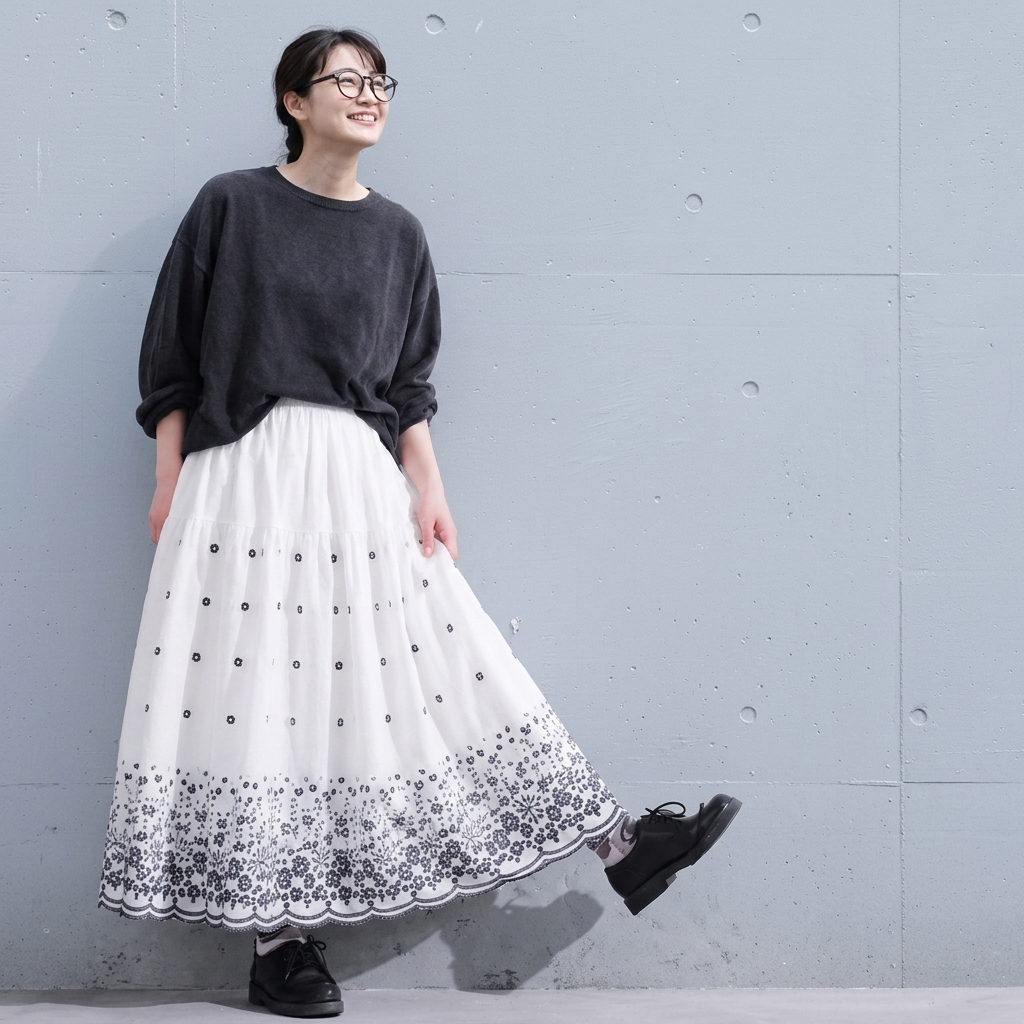 M-XL 刺繍 プリント 花柄 花模様 Aライン レトロ スカート M ブラウン