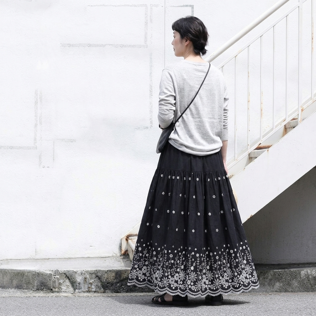 M-XL 刺繍 プリント 花柄 花模様 Aライン レトロ スカート M ブラウン