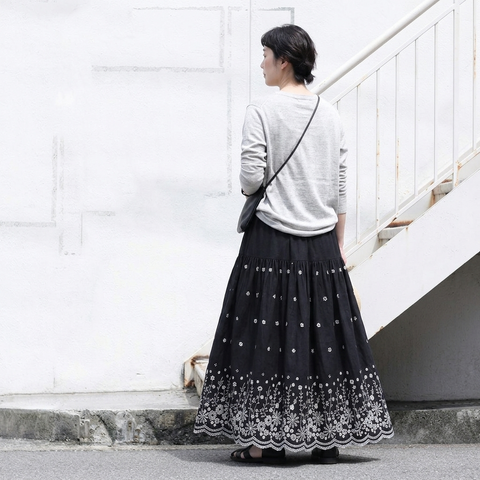 M-XL 刺繍 プリント 花柄 花模様 Aライン レトロ スカート M ブラウン