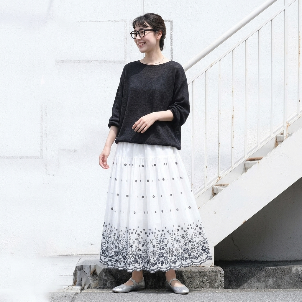 M-XL 刺繍 プリント 花柄 花模様 Aライン レトロ スカート XL ブルー