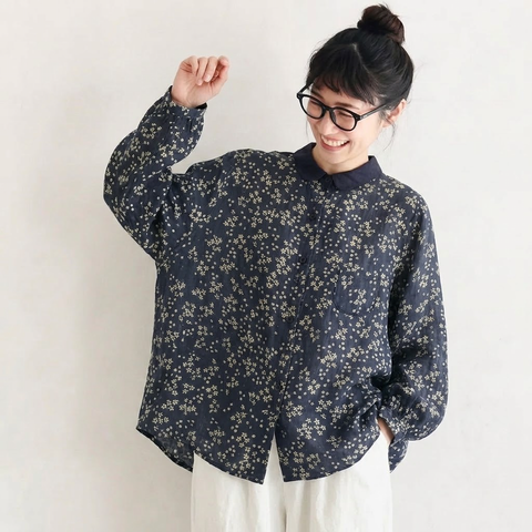 M-2XL リネン プリント 総柄 長袖 花柄 シンプル シャツ M 小花柄