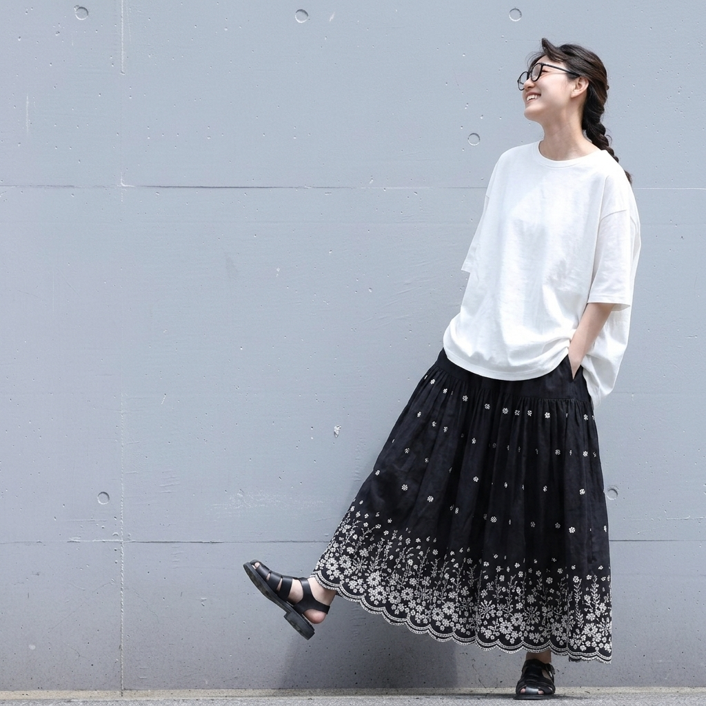 M-XL 刺繍 プリント 花柄 花模様 Aライン レトロ スカート XL ブラック