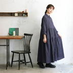 「ナチュラル」M~2XL 9分袖 ハイウエストデザインでスッキリ見え！コットンリネンAラインワンピース M ブルー