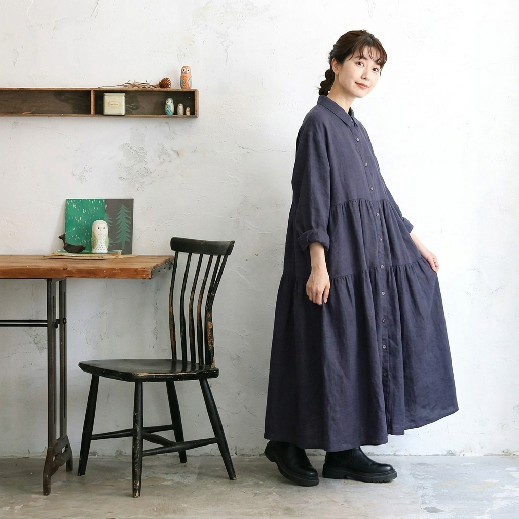 「ナチュラル」M~2XL 9分袖 ハイウエストデザインでスッキリ見え！コットンリネンAラインワンピース M ブルー
