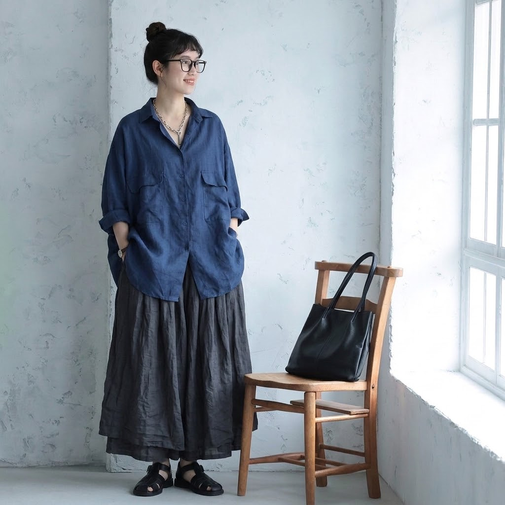 M-2XL 長袖 ボタン 無地 折り襟 カジュアル シャツ M ネイビー