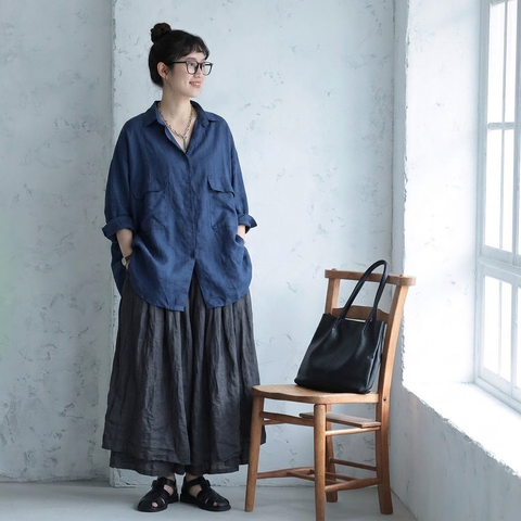 M-2XL 長袖 ボタン 無地 折り襟 カジュアル シャツ M ネイビー