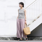 M-2XL 綿麻 ポケット付き 肌触り柔らかい  9分丈 ガウチョパンツ M ピンク