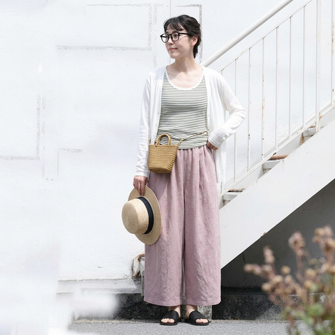 M-2XL 綿麻 ポケット付き 肌触り柔らかい  9分丈 ガウチョパンツ M ピンク