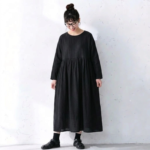 フリーサイズ レトロ ゆったり ロング丈 着回し カジュアルワンピース フリー ブラック