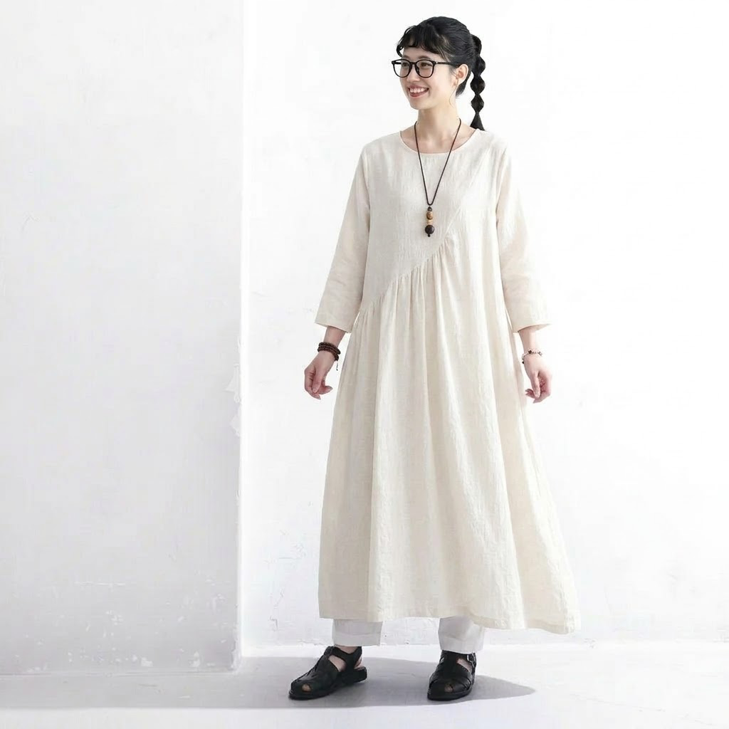 M-2XL 秋待ちのコットンリネンワンピース M ホワイト