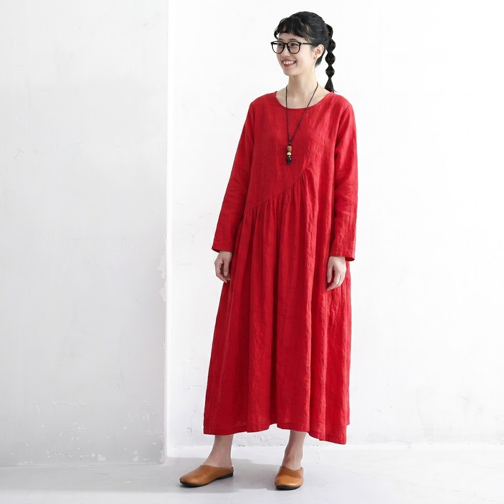 M-2XL 秋待ちのコットンリネンワンピース 2XL レッド
