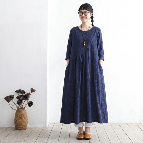 M-2XL 秋待ちのコットンリネンワンピース M ホワイト