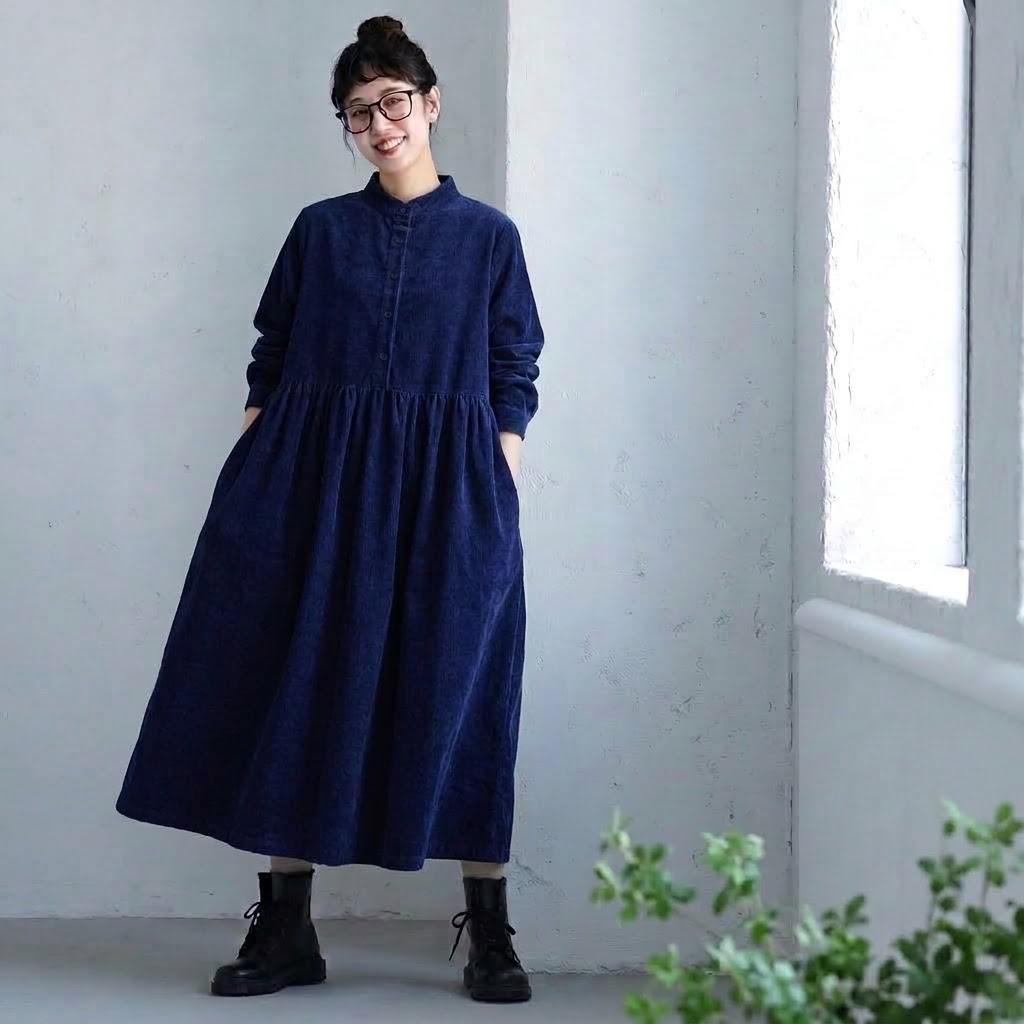 M-2XL コーデュロイ 長袖 プリーツ 無地 ノーマルスリーブ レトロ 長袖ワンピース M ネイビー
