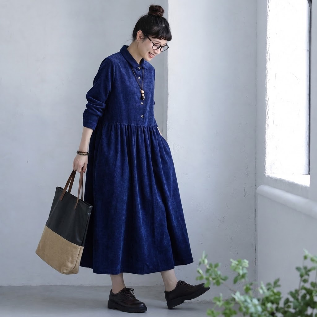 M-2XL コーデュロイ 長袖 プリーツ 無地 ノーマルスリーブ レトロ 長袖ワンピース 2XL ネイビー