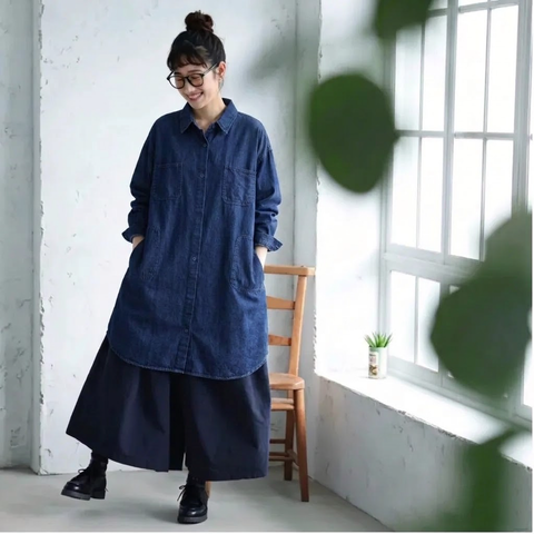 L-XL レトロ ゆったり ミディアム丈 カジュアル 外着に最適 シャツ XL ダークブルー