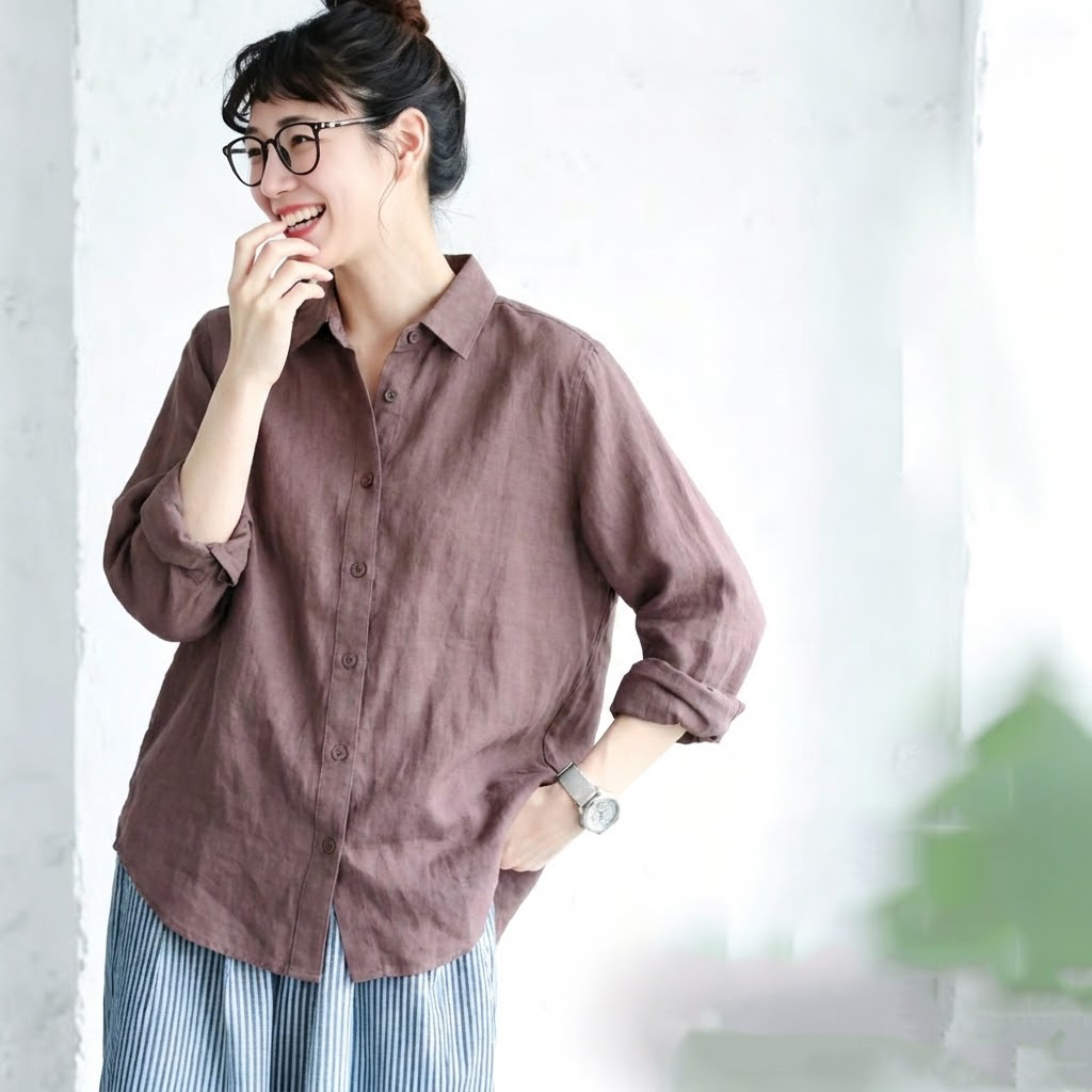 S-2XL レトロ ルーズなシルエット カジュアル ロングスリーブ 季節の変わり目 シャツ 2XL あずきいろ
