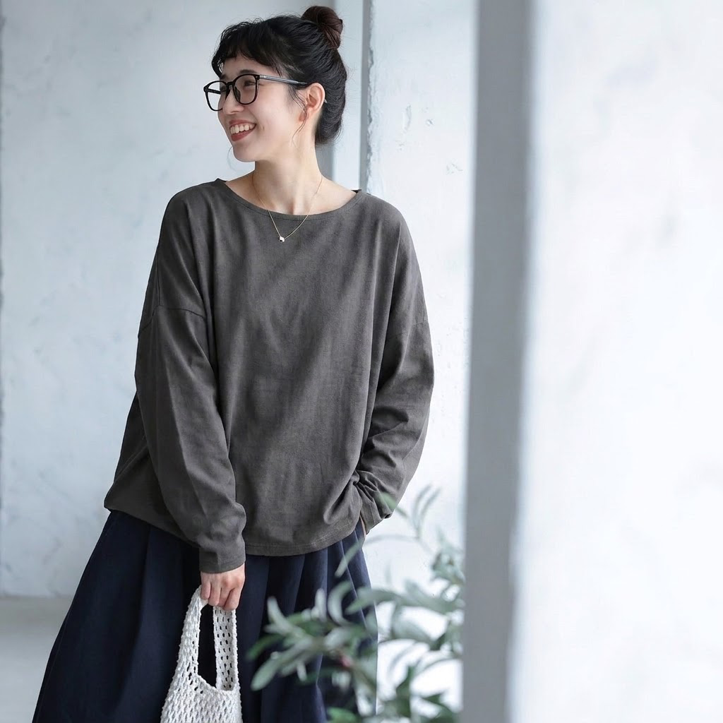 ML 丸襟 ゆったり ロングスリーブ インナー 心地よい気候 Ｔシャツ L ダークグレー