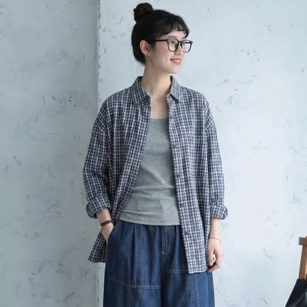 S-2XL チェック柄 ゆったり ルーズ感 ロングスリーブ 晩夏から秋 シャツ S ブルー