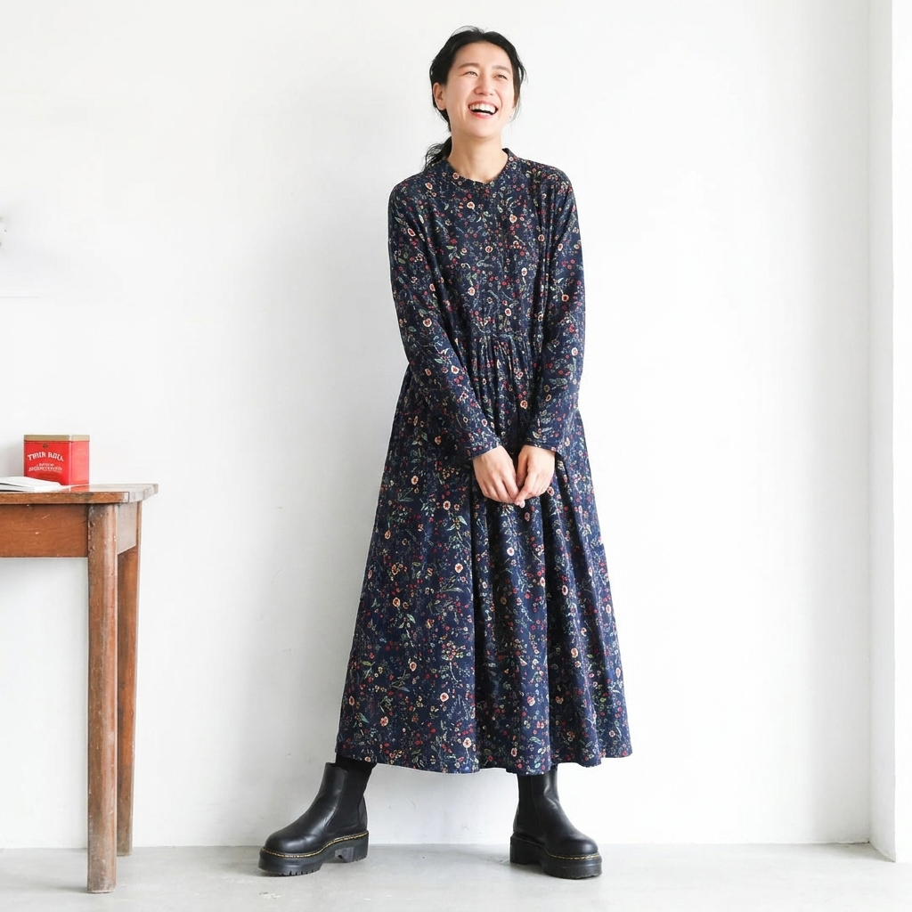 M-2XL Aライン リボン ボタン 長袖 プリント 定番 プリントワンピース M ネイビー