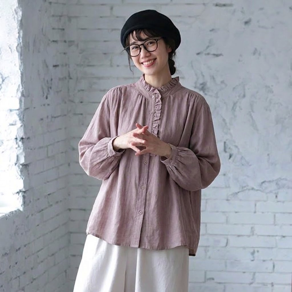 M-3XL 綿麻 甘すぎない ひらひら襟のブラウス 3XL パープル