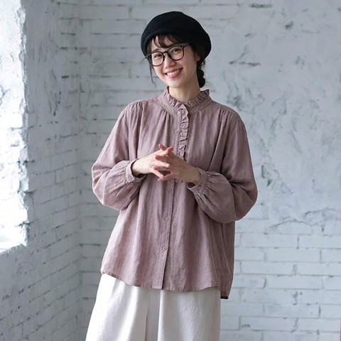 M-3XL 綿麻 甘すぎない ひらひら襟のブラウス 3XL パープル