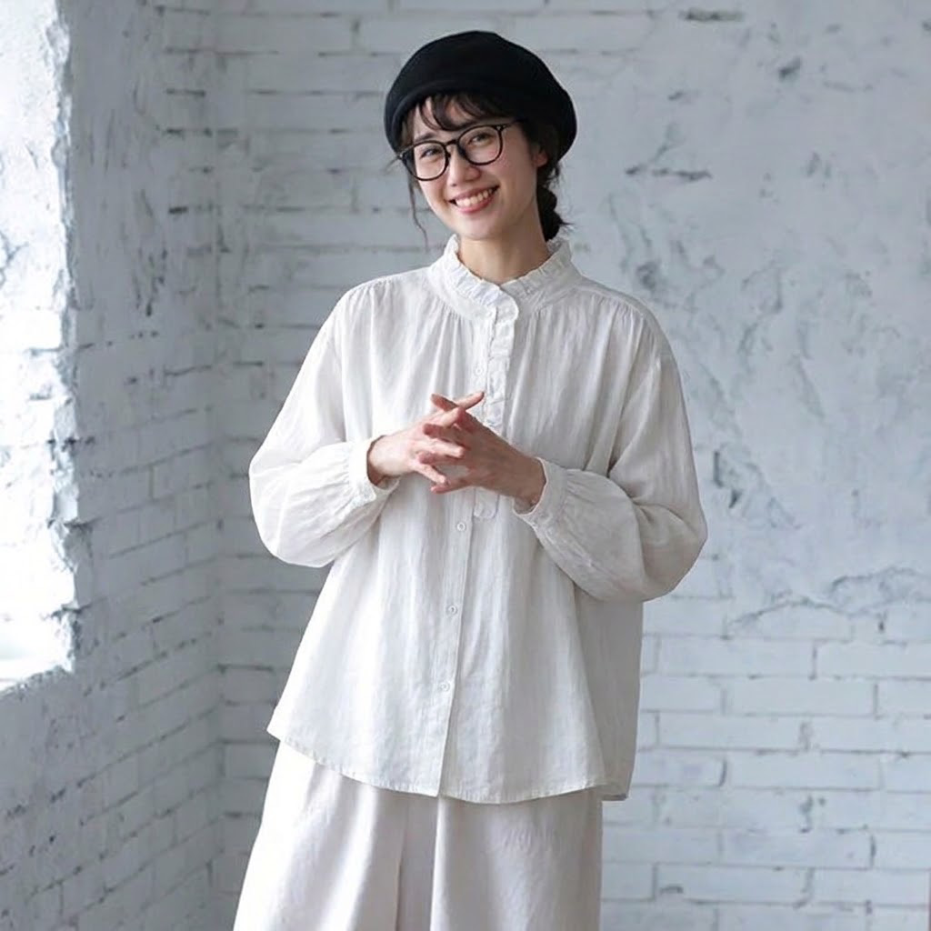 M-3XL 綿麻 甘すぎない ひらひら襟のブラウス 3XL ホワイト