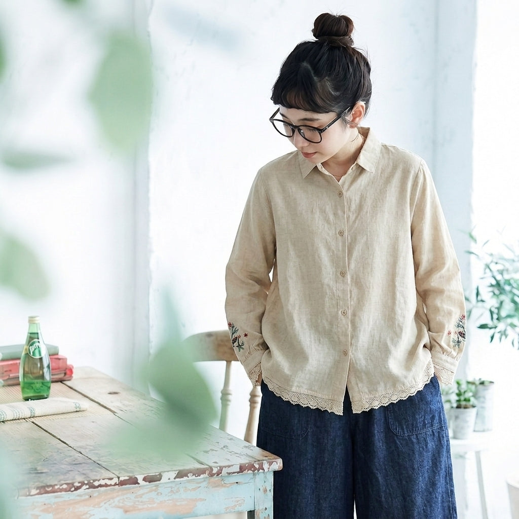 M-2XL 襟付き 刺繍 デザイン性 きれいめ カジュアル 季節の変わり目 シャツ M 写真通り