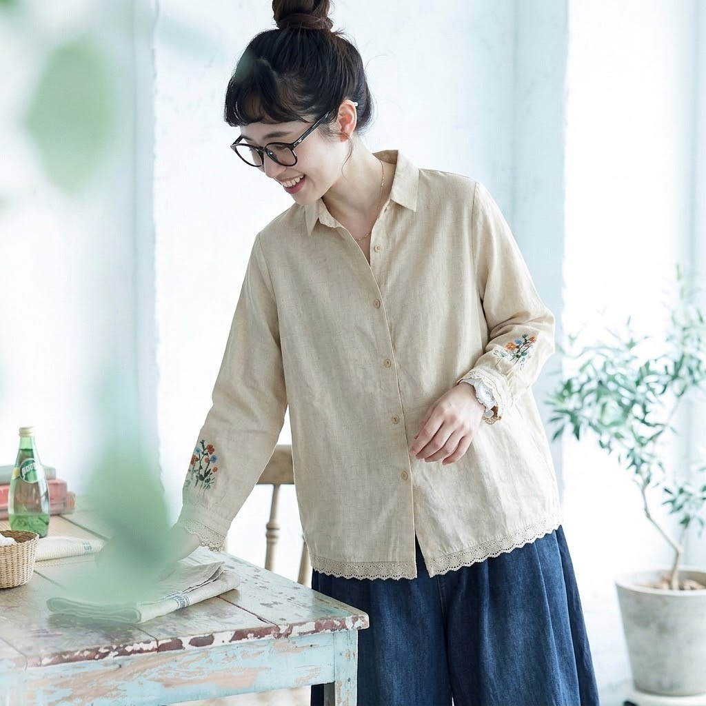 M-2XL 襟付き 刺繍 デザイン性 きれいめ カジュアル 季節の変わり目 シャツ M 写真通り