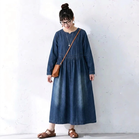 M-2XL 可愛くて繊細な 無地 デニム 清楚見え カジュアルワンピース M ブルー