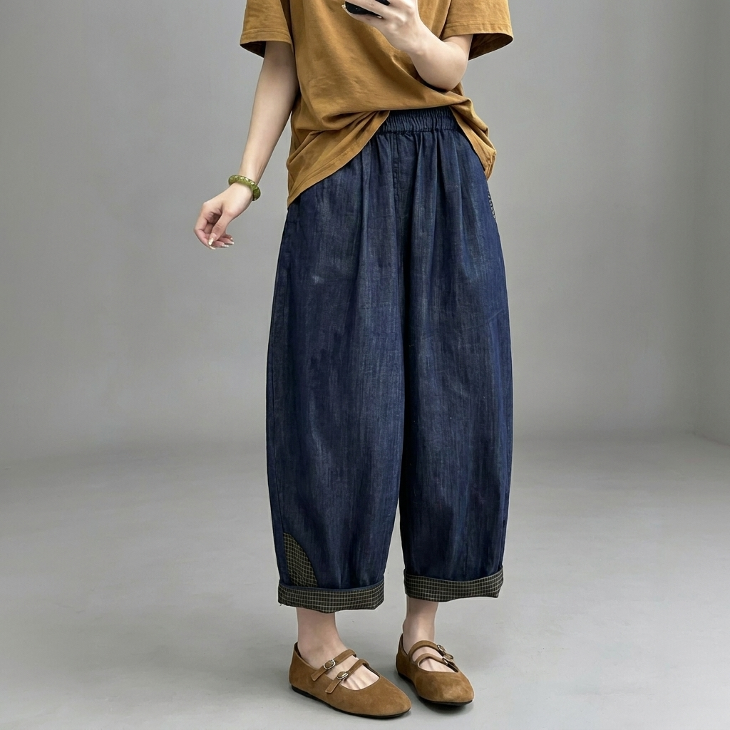 M-3XL シンプル ナチュラル 幾何模様 切り替え アンクル丈（9分丈） カジュアルパンツ M ブルー